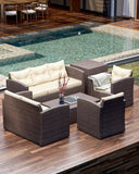 6 Piece Storage Table Patio Furniture Wicker Conversation Set, Brown Wicker / Beige