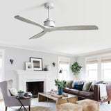 60 Inch Ceiling Fan With 6 Speed Remote Control Silver 3 Solid Wood Blade Reversible DC Motor For Living Room