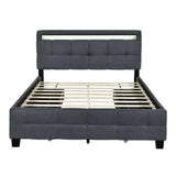 Queen Size Upholstered Platform Bed with LED Frame and 4 Drawers, Linen Fabric