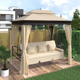 Beige Outdoor Gazebo with Convertible Swing Bench, Double Roof Soft Canopy
