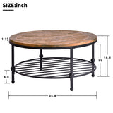 Brown Rustic Natural Round Coffee Table with Storage Shelf