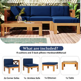 Outdoor Backyard Patio Wood 5-Piece Sectional Sofa Seating Group Set with Cushions, Natural Finish+ Blue Cushions