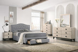 Light Grey Burlap Fabric 1pcs Queen Size Bed w Drawer Button Tufted Arch Design Headboard Storage FB Bedframe Bedroom Furniture