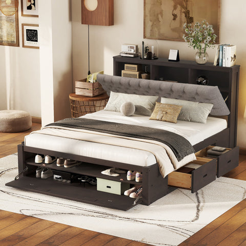 Queen Platform Bed with Storage Headboard, 4 Drawers & Shoe Rack – Espresso Wood