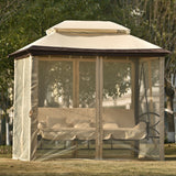 Beige Outdoor Gazebo with Convertible Swing Bench, Double Roof Soft Canopy
