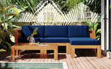 Outdoor Backyard Patio Wood 5-Piece Sectional Sofa Seating Group Set with Cushions, Natural Finish+ Blue Cushions