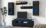 Black Stylish Functional TV stand, 5 Pieces Floating TV Stand Set, High Gloss Wall Mounted Entertainment Center with 16-color LED Light Strips for 75+ inch TV, Black