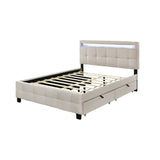 Queen Size Upholstered Platform Bed with LED Frame and 4 Drawers, Linen Fabric