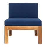 Outdoor Backyard Patio Wood 5-Piece Sectional Sofa Seating Group Set with Cushions, Natural Finish+ Blue Cushions