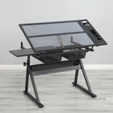 Black adjustable tempered glass drafting printing table with chair