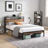 Queen Size  Metal Platform Bed Frame with Wooden Headboard and Footboard