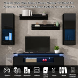 Black Stylish Functional TV stand, 5 Pieces Floating TV Stand Set, High Gloss Wall Mounted Entertainment Center with 16-color LED Light Strips for 75+ inch TV, Black