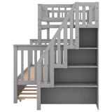 Twin over Full Bunk Bed with Trundle and Staircase Gray