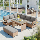 5-Piece Outdoor Patio Rattan Sofa Set, Sectional PE Wicker L-Shaped Garden Furniture Set with 2 Extendable Side Tables, Dining Table and Washable Covers for Backyard, Poolside, Indoor