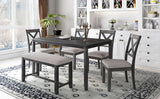 6-Piece Kitchen Dining Table Set Wooden Rectangular Dining Table, 4 Fabric Chairs and Bench Family Furniture (Grey)