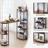 Bar table with bottle holder and glass holder, multifunctional high bar table, can hold 8 bottles of wine and 9 glasses, with side storage.(Rustic Brown,53.3’’w x 15.75’’d x 36.4’’h)