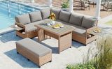 5-Piece Outdoor Patio Rattan Sofa Set, Sectional PE Wicker L-Shaped Garden Furniture Set with 2 Extendable Side Tables, Dining Table and Washable Covers for Backyard, Poolside, Indoor