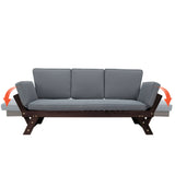 Outdoor Adjustable Patio Wooden Daybed Sofa Chaise Lounge with Cushions for Small Places, Brown Finish+Gray Cushion