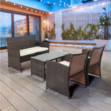 4 PCS Wicker Patio Conversation Set, Outdoor Rattan Sofas with Table Set, Patio Furniture Set with Soft Cushions & Tempered Glass Coffee Table