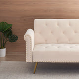 Beige velvet nail head sofa bed with throw pillow and midfoot