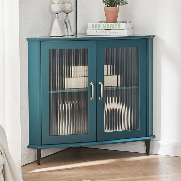 Corner Cabinet with Doors & Adjustable Shelf, Corner Night Stand, Free-Standing Storage Shelf Organizer for Small Space in Living Room/Bedroom/Kitchen (Teal Blue)