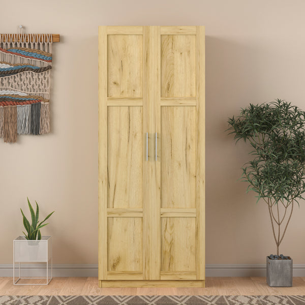 Tall wardrobe cabinet with 2 doors and 3 partitions to separate 4 storage spaces, oak