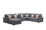 Gray Linen Fabric 7Pc Reversible Chaise Sectional Sofa with a USB, Charging Ports, Cupholders, Storage Console Table and Pillows and Interchangeable Legs