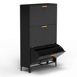 3 Drawer All Steel Shoe Cabinet, Freestanding Shoe Rack Storage Organizer with Flip Door, Modern Tipping Bucket Shoe Cabinet for Entryway, Hallway, Bedroom, Black