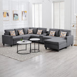 Gray Linen Fabric 7Pc Reversible Chaise Sectional Sofa with a USB, Charging Ports, Cupholders, Storage Console Table and Pillows and Interchangeable Legs