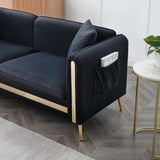 Modern Black Velvet Loveseat Sofa, Side Pocket Mid-Century Tufted, Gold Metal Legs