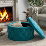 [New] 29.5" Wide Classic Button Tufted Velvet Round Ottoman With Storage Living Room Footrest
