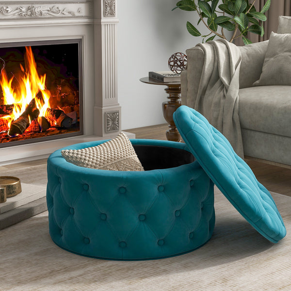 [New] 29.5" Wide Classic Button Tufted Velvet Round Ottoman With Storage Living Room Footrest