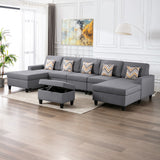 Gray Linen Fabric 6Pc Double Chaise Sectional Sofa with Interchangeable Legs, Storage Ottoman, and Pillows