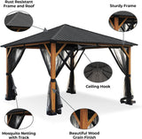 12 ft. x 12 ft. Wood Grain Metal Outdoor Patio Gazebo with Metal Roof, Mosquito Netting