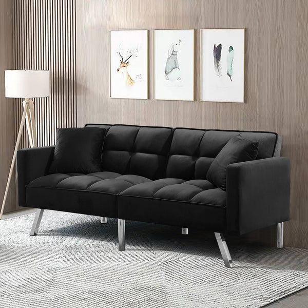 FUTON SOFA SLEEPER BLACK VELVET WITH 2 PILLOWS （same as W223S01430 Size difference, See Details in page.）