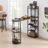 Bar table with bottle holder and glass holder, multifunctional high bar table, can hold 8 bottles of wine and 9 glasses, with side storage.(Rustic Brown,53.3’’w x 15.75’’d x 36.4’’h)