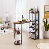 Bar table with bottle holder and glass holder, multifunctional high bar table, can hold 8 bottles of wine and 9 glasses, with side storage.(Rustic Brown,53.3’’w x 15.75’’d x 36.4’’h)