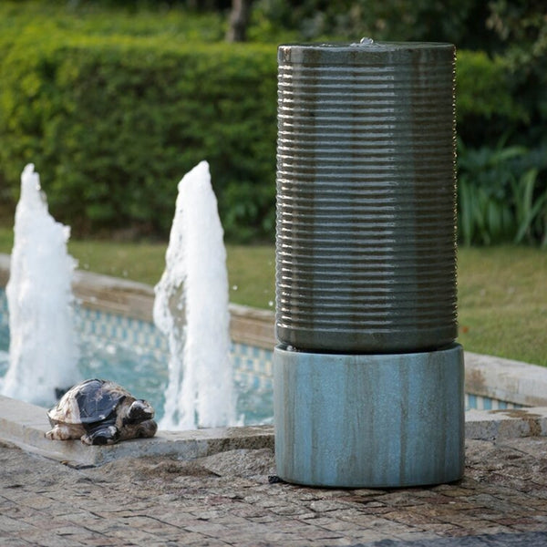 Antique Green Tall Large Round Green Ribbed Tower Water Fountain, Verge Bronze, Cement Outdoor Bird Feeder / Bath Fountain