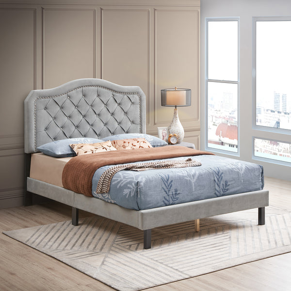 Queen Upholstered Bed Button Tufted with Curve Design - Strong Wood Slat Support