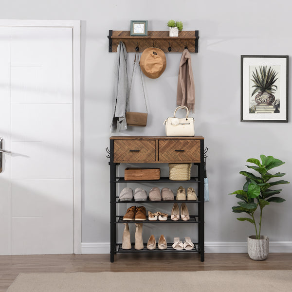 Entryway 4-tier Shoe Rack with Hall Tree, One Set Entryway Show Rack with Storage and Hooks