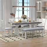 6-Piece Wooden Dining Table Set, Farmhouse Rectangular Dining Table, Four Chairs with Exquisitely Designed Hollow Chair Back and Bench for Home Dining Room