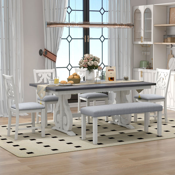 6-Piece Wooden Dining Table Set, Farmhouse Rectangular Dining Table, Four Chairs with Exquisitely Designed Hollow Chair Back and Bench for Home Dining Room