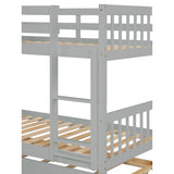 Twin Over Twin Bunk Beds with Trundle, Solid Wood Trundle Bed Frame with Safety Rail and Ladder, Kids/Teens Bedroom, Guest Room Furniture, Can Be converted into 2 Beds