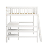Full Size Loft Bed with Desk and Shelves Wooden Full Loft Bed, White