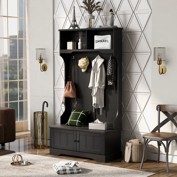 Hall Tree Entryway Bench with Shelves Cabinet and Four Hooks, 3-in-1 Design, Black
