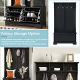 All in One Hall Tree with 3 Top Shelves and 2 Flip Shoe Storage Drawers, Wood Hallway Organizer with Storage Bench and Metal Hanging Hooks