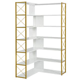 Golden+White 7-Tier Bookcase Home Office Bookshelf,  L-Shaped Corner Bookcase with Metal Frame, Industrial Style Shelf with Open Storage, MDF Board