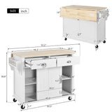 White Kitchen Island Cart with Rubber wood Drop-Leaf Countertop, adjustable height