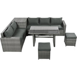 Outdoor 6-Piece Rattan Sofa Set, Garden Patio Wicker Sectional Furniture Set with Adjustable Seat, Storage Box, Removable Covers and Tempered Glass Top Table