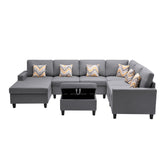 Gray Linen Fabric 7Pc Reversible Chaise Sectional Sofa with Interchangeable Legs, Pillows and Storage Ottoman
